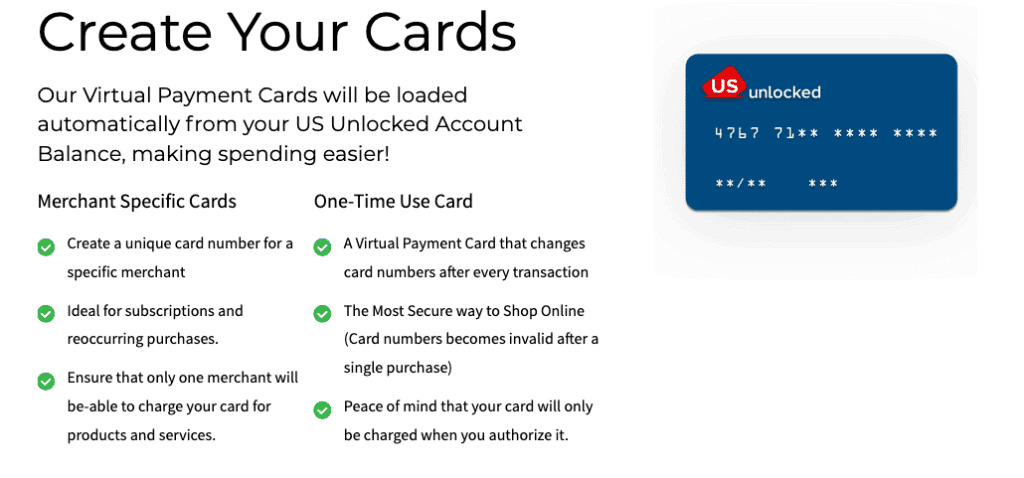 US Unlocked Virtual payment cards